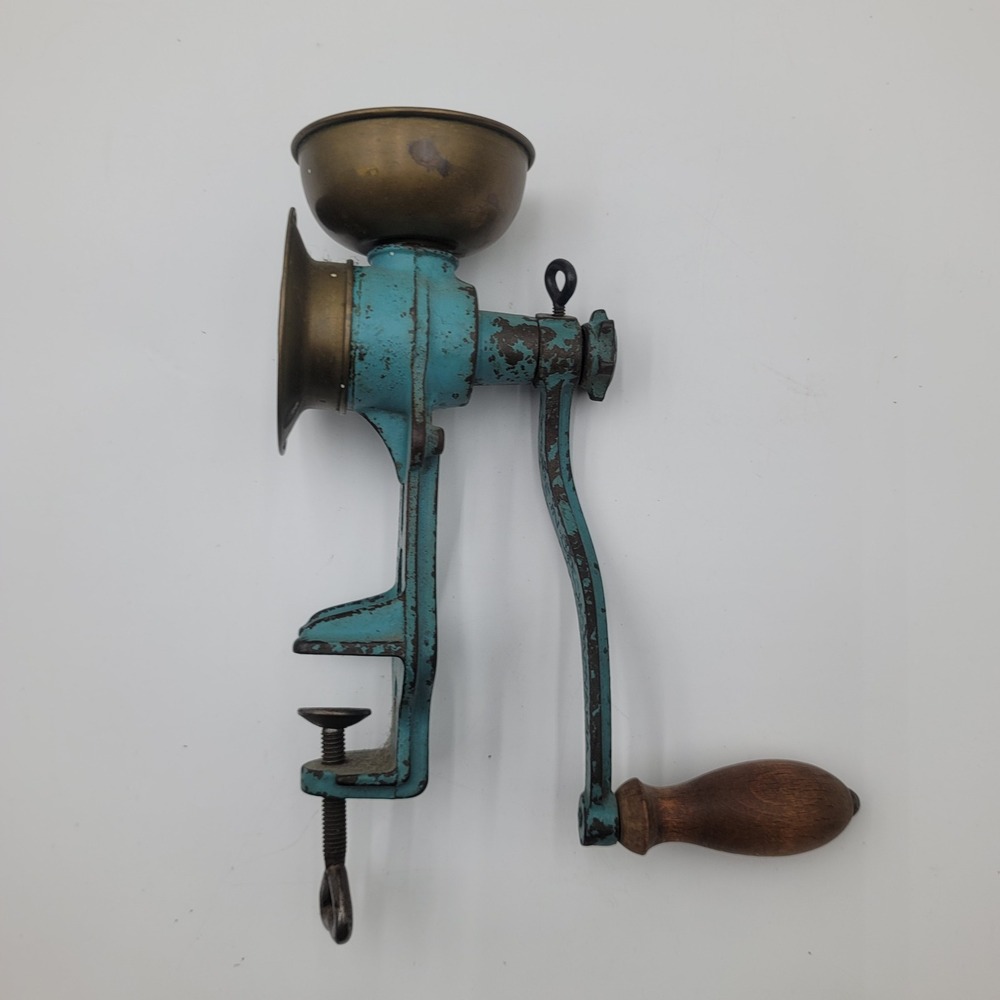 Antique Kosmos Cast Iron Spice Seed Grinder Teal Blue Made in Czechoslovakia